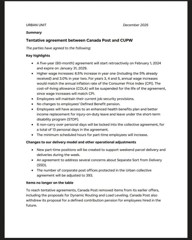 Cover Image for Canada Post CUPW tentative agreements December 2025